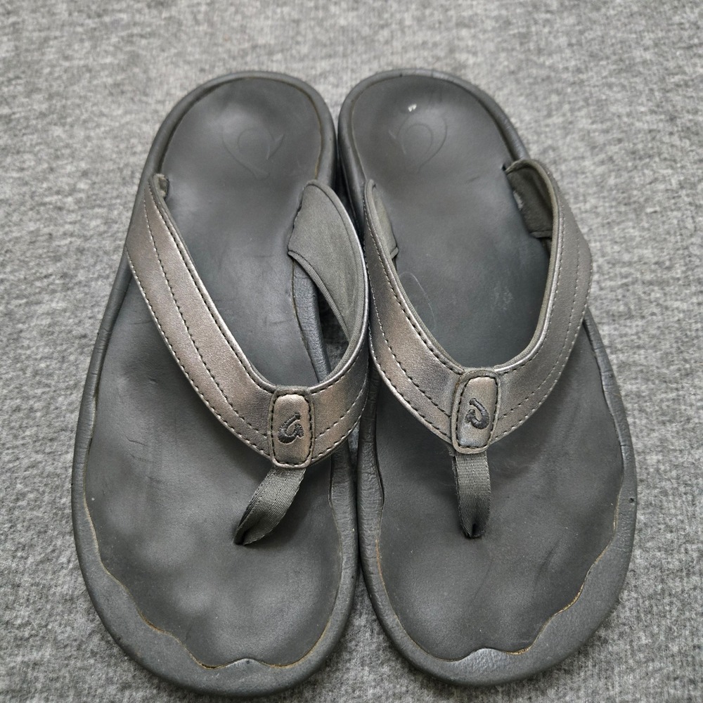 Olukai Ohana Flip Flops Women 8 Pewter Black Beach‎ Sandals Thong Comfort 20110